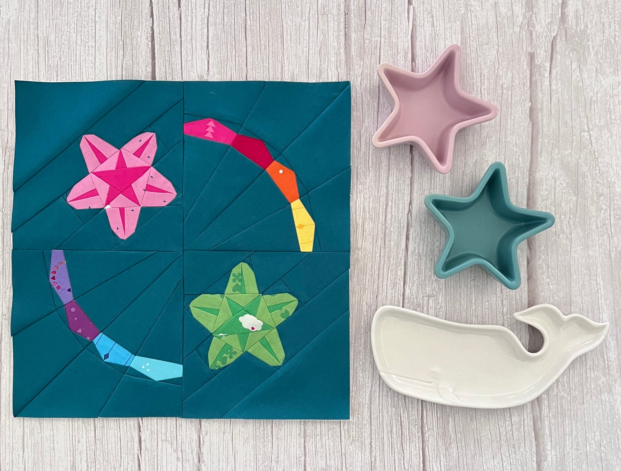 starfish paper pieced pattern sewn in fabric